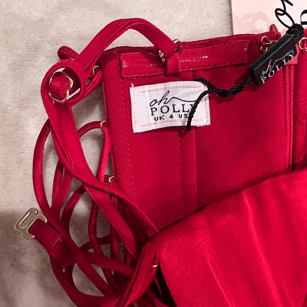 BRAND NEW red size 0 Oh Polly strapless mini homecoming dress with lace up back. - Picture 4 of 9